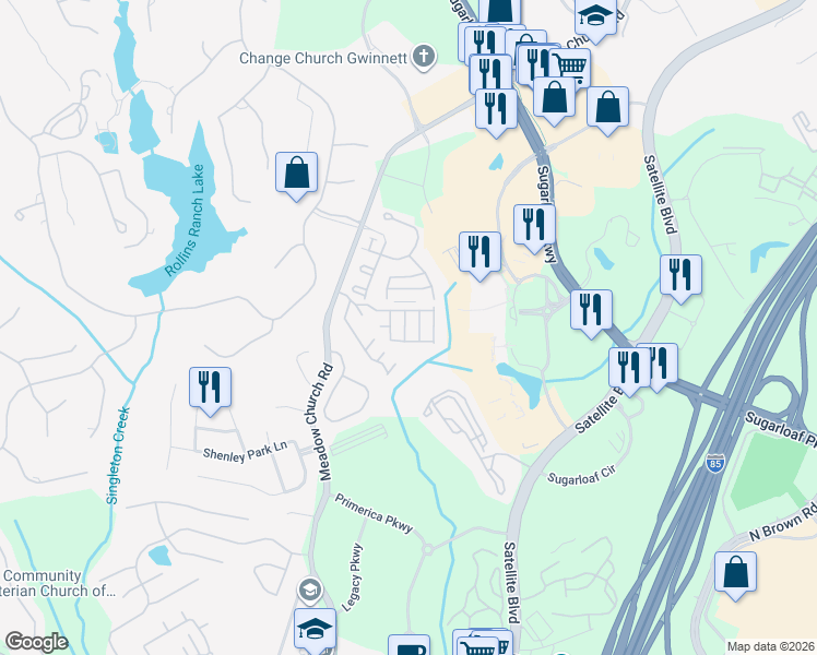 map of restaurants, bars, coffee shops, grocery stores, and more near 2252 Landing Ridge Drive in Duluth