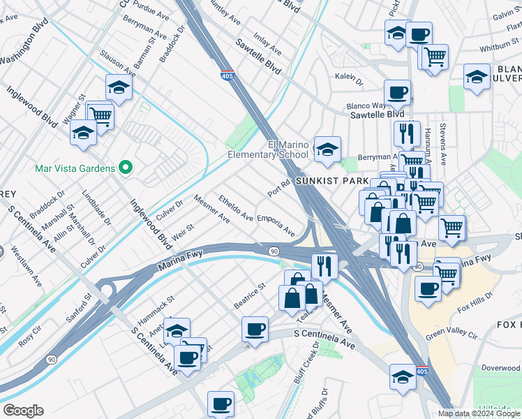 map of restaurants, bars, coffee shops, grocery stores, and more near 11694 Port Road in Culver City