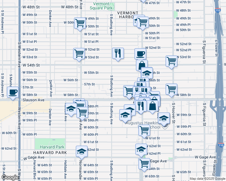 map of restaurants, bars, coffee shops, grocery stores, and more near 5700 South Budlong Avenue in Los Angeles