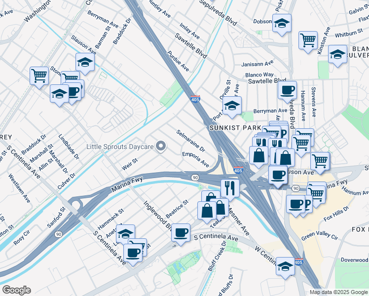 map of restaurants, bars, coffee shops, grocery stores, and more near 11694 Port Road in Culver City