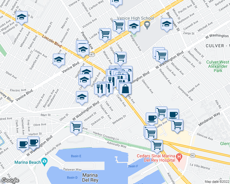 map of restaurants, bars, coffee shops, grocery stores, and more near W Washington Blvd & Carter Ave in Marina Del Rey