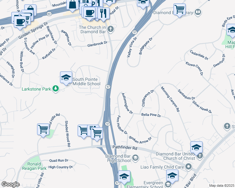 map of restaurants, bars, coffee shops, grocery stores, and more near 1715 Fern Hollow Drive in Diamond Bar