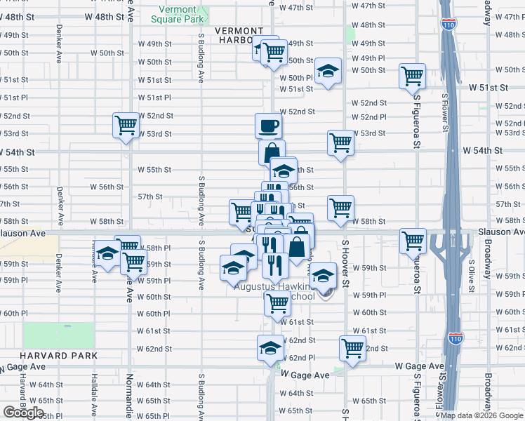 map of restaurants, bars, coffee shops, grocery stores, and more near 1014 57th Street in Los Angeles