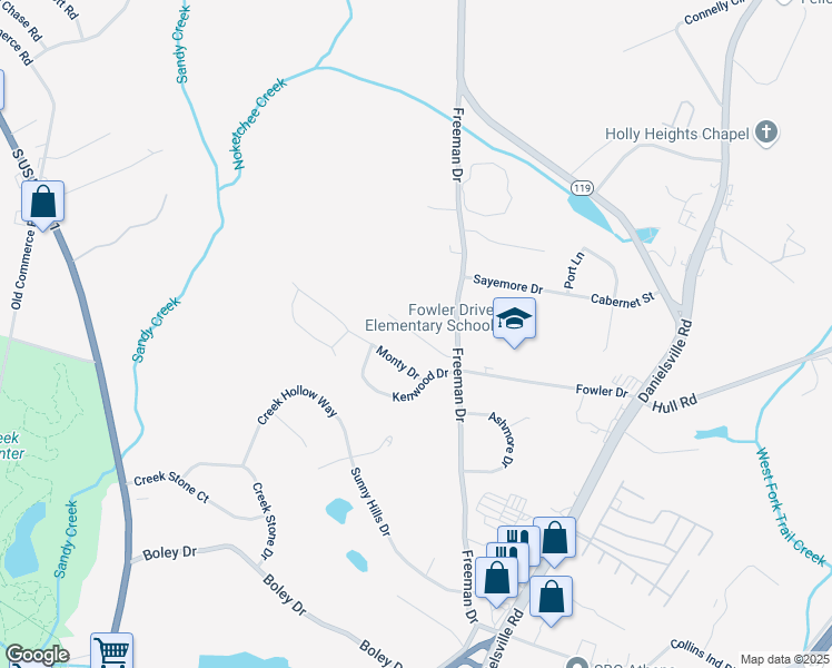 map of restaurants, bars, coffee shops, grocery stores, and more near 131 Loblolly Drive in Athens