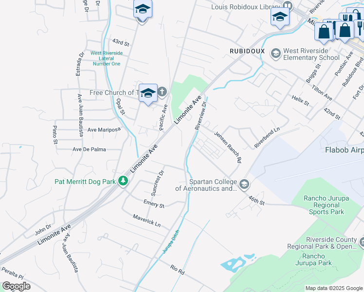 map of restaurants, bars, coffee shops, grocery stores, and more near 4688 Plaza Lane in Riverside