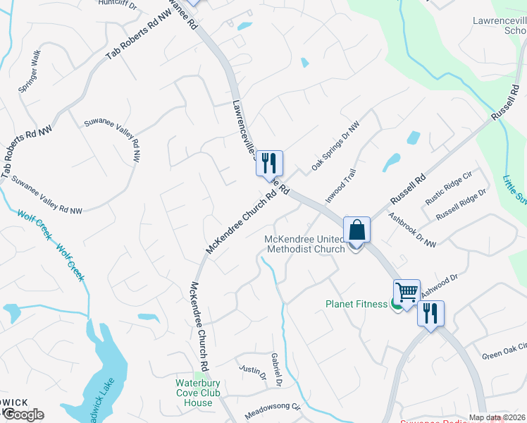 map of restaurants, bars, coffee shops, grocery stores, and more near 1673 McKendree Church Rd in Lawrenceville