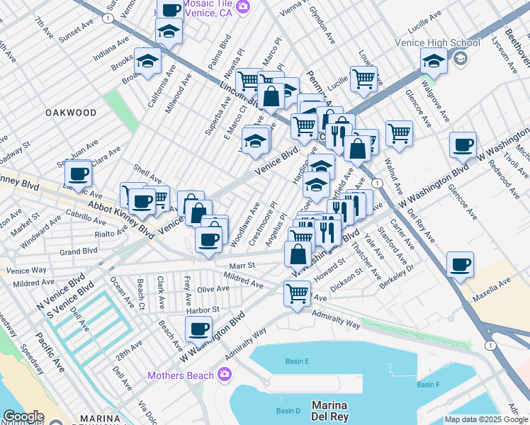 map of restaurants, bars, coffee shops, grocery stores, and more near 723 Angelus Place in Los Angeles