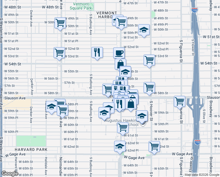 map of restaurants, bars, coffee shops, grocery stores, and more near 1039 West 58th Street in Los Angeles
