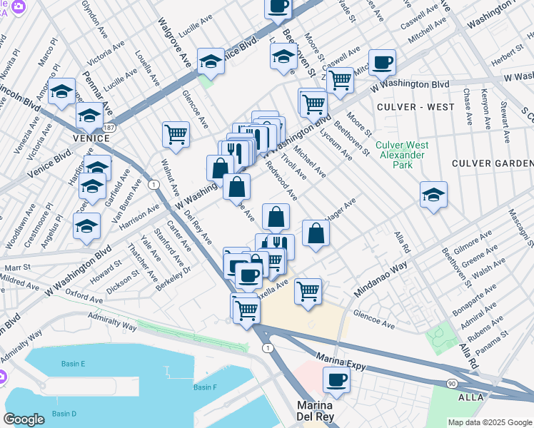 map of restaurants, bars, coffee shops, grocery stores, and more near 4114 Glencoe Avenue in Los Angeles