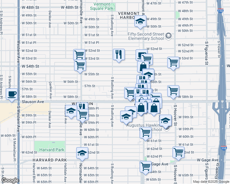 map of restaurants, bars, coffee shops, grocery stores, and more near 1154 57th Street in Los Angeles