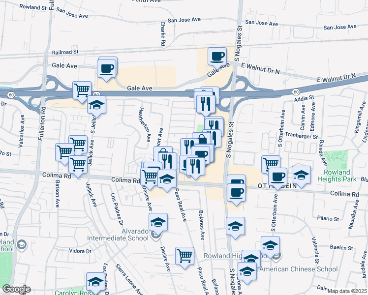 map of restaurants, bars, coffee shops, grocery stores, and more near 1441 Paso Real Avenue in Rowland Heights
