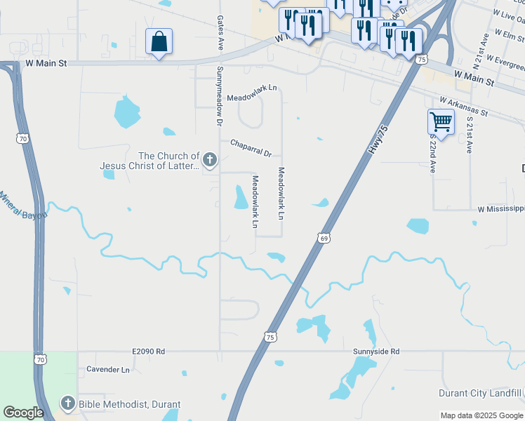 map of restaurants, bars, coffee shops, grocery stores, and more near 808 Meadowlark Lane in Durant