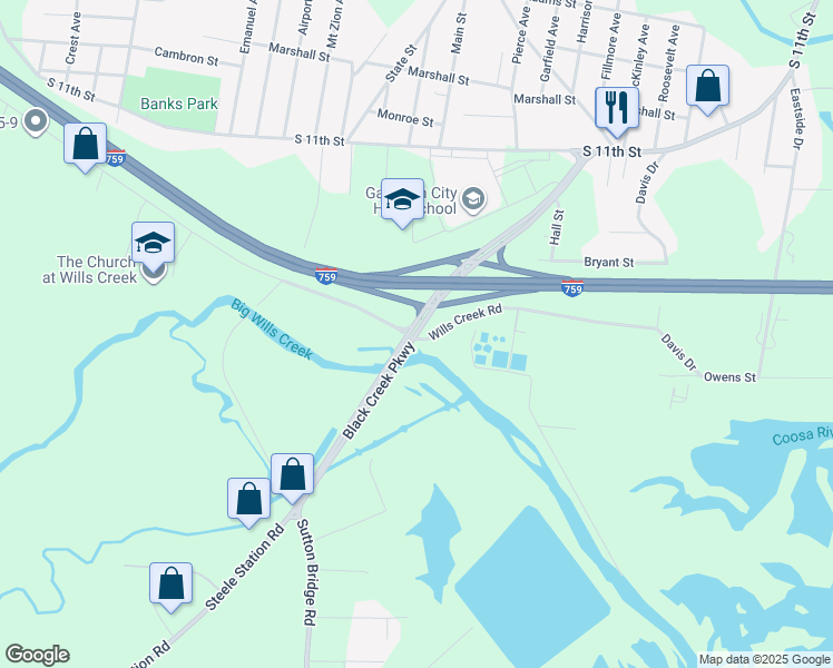 map of restaurants, bars, coffee shops, grocery stores, and more near Black Creek Parkway in Gadsden