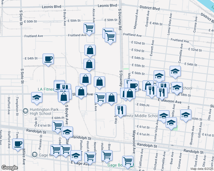 map of restaurants, bars, coffee shops, grocery stores, and more near 3355 Slauson Avenue in Vernon