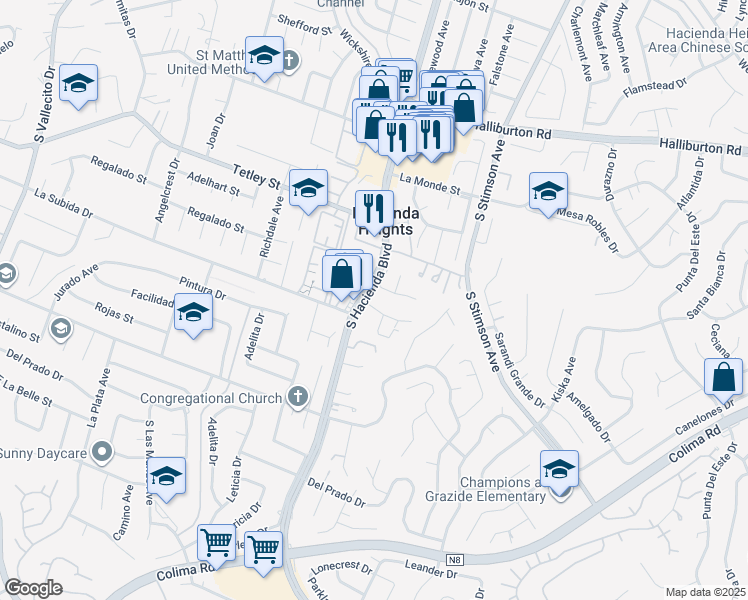 map of restaurants, bars, coffee shops, grocery stores, and more near 15811 Dodrill Drive in Hacienda Heights