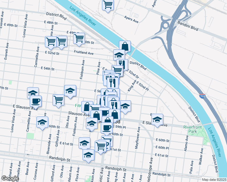 map of restaurants, bars, coffee shops, grocery stores, and more near 5522 Atlantic Boulevard in Maywood