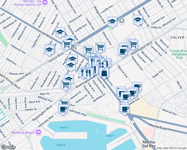 map of restaurants, bars, coffee shops, grocery stores, and more near 3206 Washington Boulevard in Marina del Rey