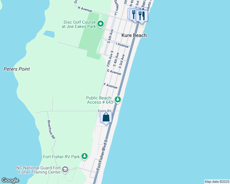 map of restaurants, bars, coffee shops, grocery stores, and more near 613 South 3rd Avenue in Kure Beach