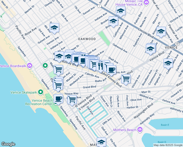 map of restaurants, bars, coffee shops, grocery stores, and more near 1415 Cabrillo Avenue in Los Angeles