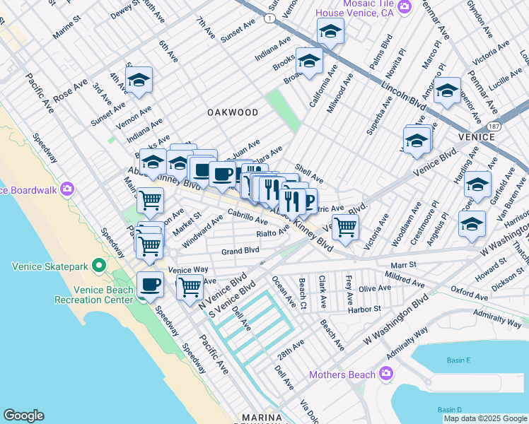 map of restaurants, bars, coffee shops, grocery stores, and more near 1418 Abbot Kinney Boulevard in Los Angeles