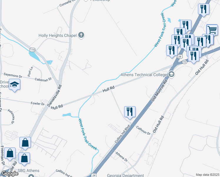 map of restaurants, bars, coffee shops, grocery stores, and more near 327 Hull Road in Athens
