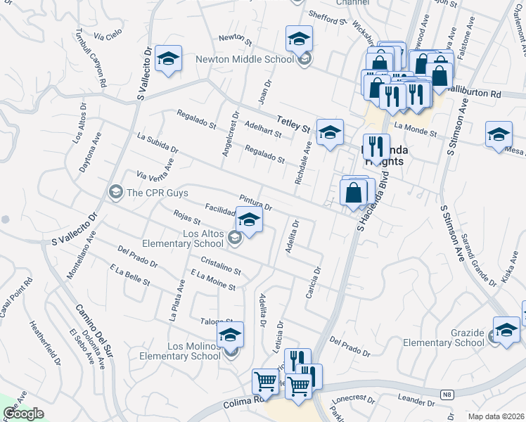 map of restaurants, bars, coffee shops, grocery stores, and more near 15605 Facilidad Street in Hacienda Heights