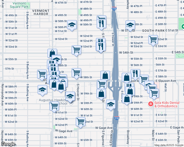map of restaurants, bars, coffee shops, grocery stores, and more near 612 57th Street in Los Angeles