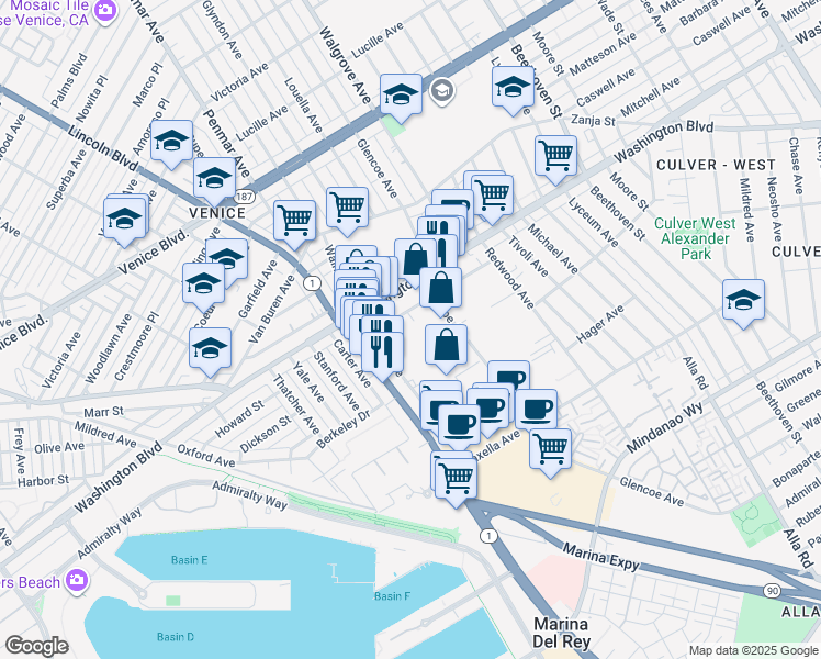 map of restaurants, bars, coffee shops, grocery stores, and more near 13448 Beach Avenue in Marina del Rey