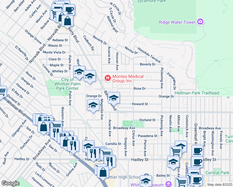 map of restaurants, bars, coffee shops, grocery stores, and more near 11841 Nixon Lane in Whittier