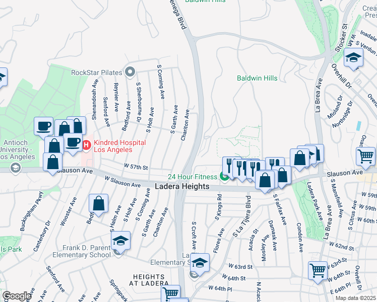 map of restaurants, bars, coffee shops, grocery stores, and more near 5539 South La Cienega Boulevard in Los Angeles