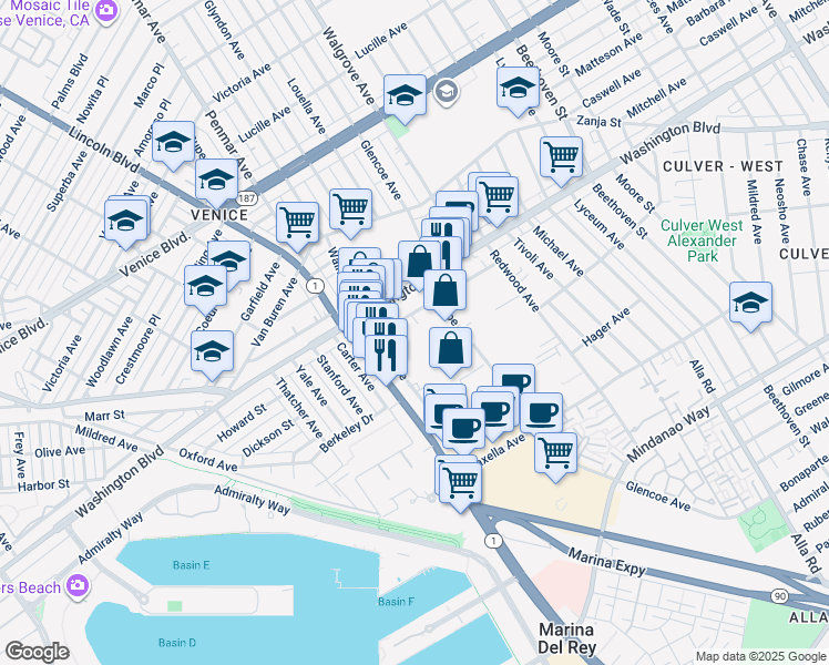 map of restaurants, bars, coffee shops, grocery stores, and more near 13448 Beach Avenue in Marina del Rey