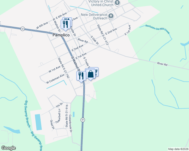 map of restaurants, bars, coffee shops, grocery stores, and more near 614 S Trade St in Pamplico