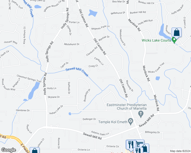 map of restaurants, bars, coffee shops, grocery stores, and more near 2943 Nestle Creek Drive in Marietta