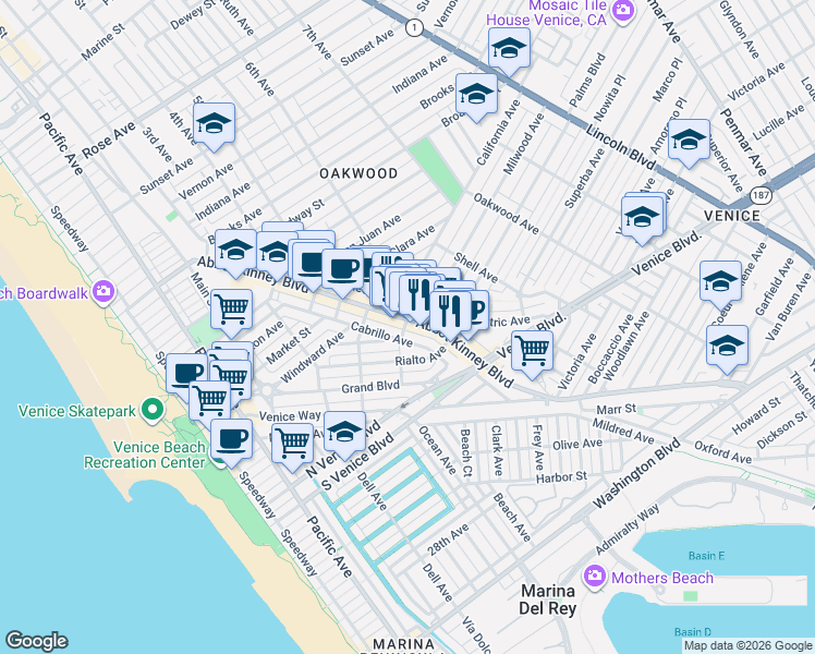 map of restaurants, bars, coffee shops, grocery stores, and more near 1503 Cabrillo Avenue in Los Angeles