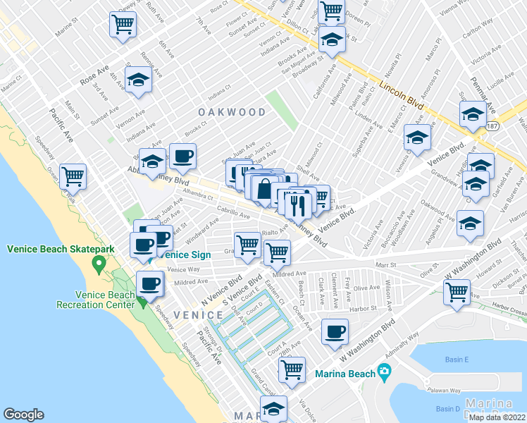 map of restaurants, bars, coffee shops, grocery stores, and more near 1418 Abbot Kinney Boulevard in Los Angeles
