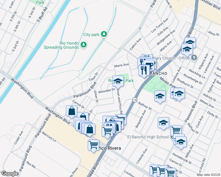 map of restaurants, bars, coffee shops, grocery stores, and more near 6303 Winodee Drive in Pico Rivera