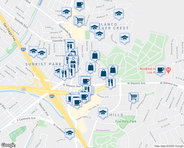 map of restaurants, bars, coffee shops, grocery stores, and more near 7709 Hannum Avenue in Culver City