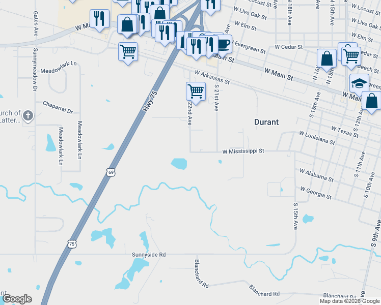 map of restaurants, bars, coffee shops, grocery stores, and more near 200 South 22nd Avenue in Durant