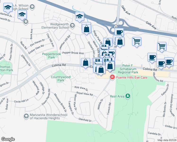 map of restaurants, bars, coffee shops, grocery stores, and more near 17004 Colima Road in Hacienda Heights