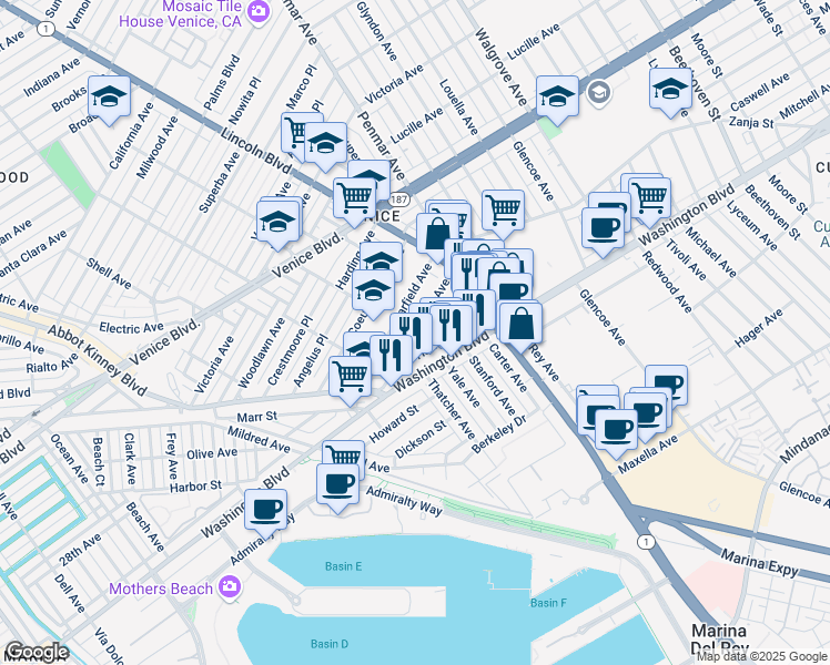 map of restaurants, bars, coffee shops, grocery stores, and more near 3940 Grandview Avenue in Los Angeles