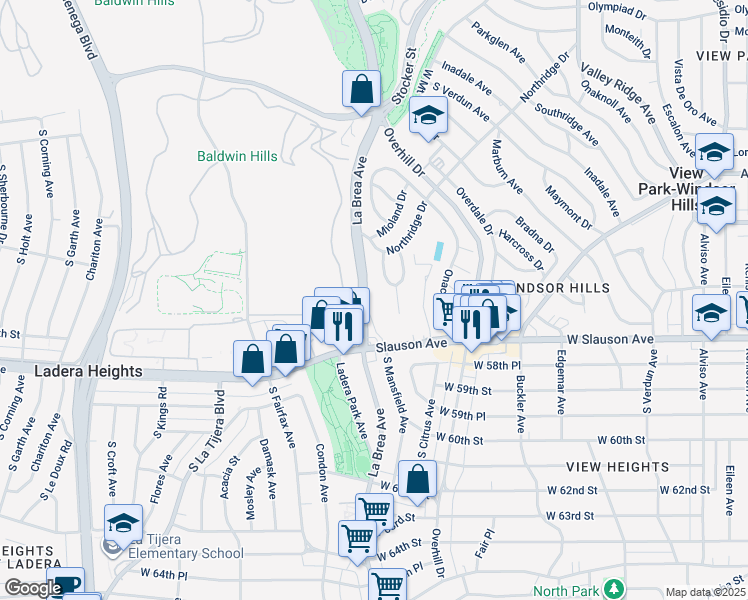 map of restaurants, bars, coffee shops, grocery stores, and more near 5638 South La Brea Avenue in Los Angeles