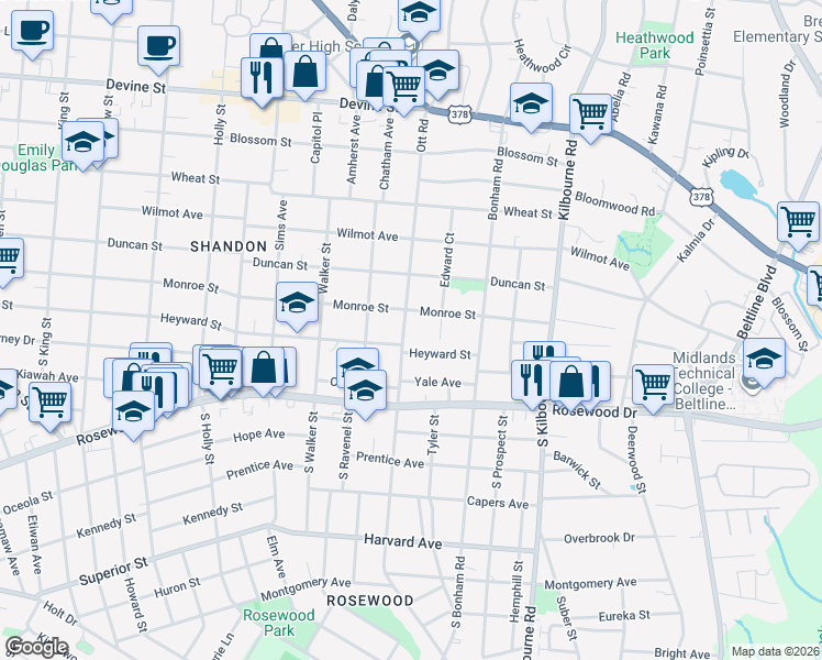 map of restaurants, bars, coffee shops, grocery stores, and more near 108 Ott Road in Columbia