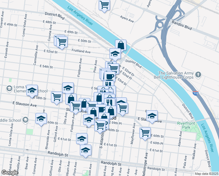 map of restaurants, bars, coffee shops, grocery stores, and more near 4502 East 56th Street in Maywood