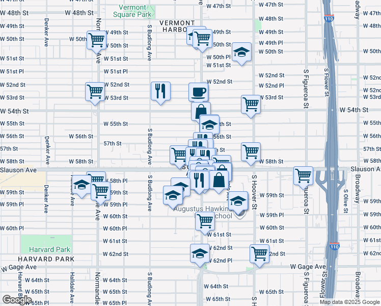 map of restaurants, bars, coffee shops, grocery stores, and more near 1024 West 57th Street in Los Angeles