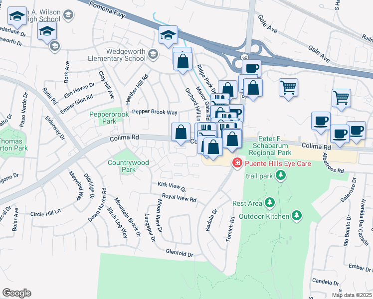 map of restaurants, bars, coffee shops, grocery stores, and more near 17016 Colima Road in Hacienda Heights