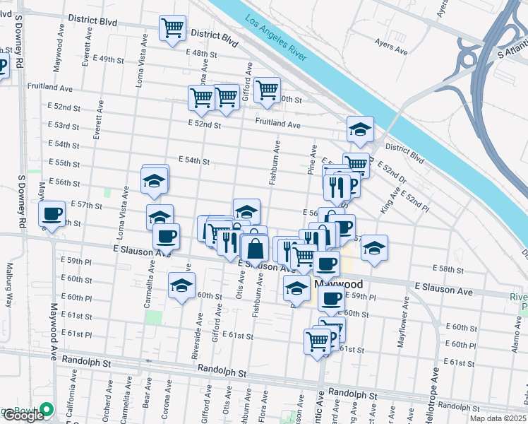 map of restaurants, bars, coffee shops, grocery stores, and more near 5616 Fishburn Avenue in Maywood