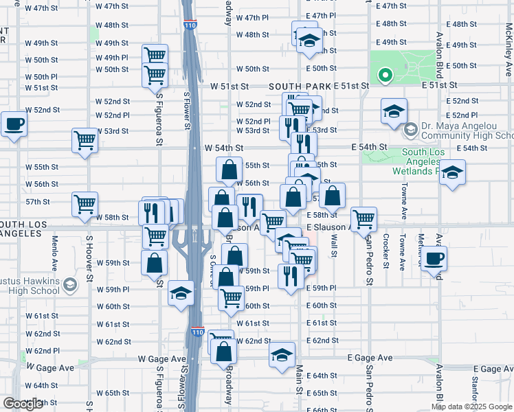 map of restaurants, bars, coffee shops, grocery stores, and more near 206 57th Street in Los Angeles