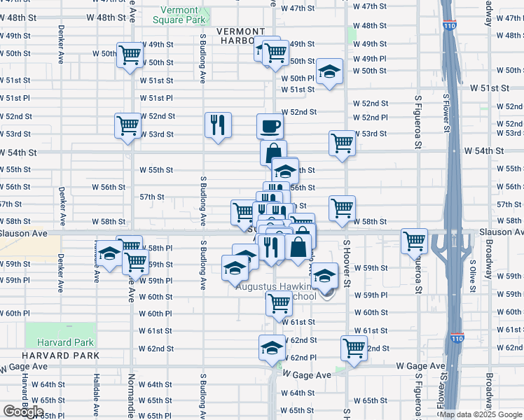 map of restaurants, bars, coffee shops, grocery stores, and more near 1039 West 58th Street in Los Angeles