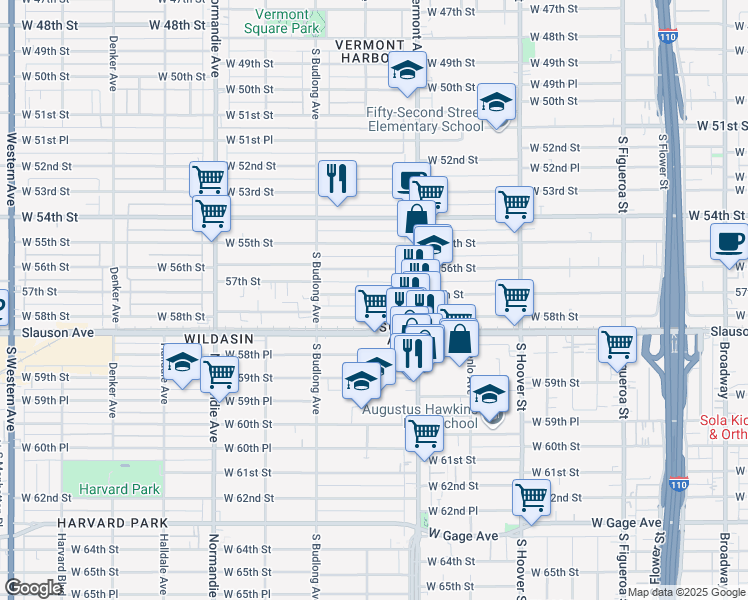map of restaurants, bars, coffee shops, grocery stores, and more near 1039 West 58th Street in Los Angeles