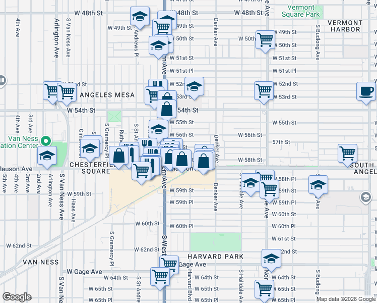 map of restaurants, bars, coffee shops, grocery stores, and more near 1657 West 58th Street in Los Angeles